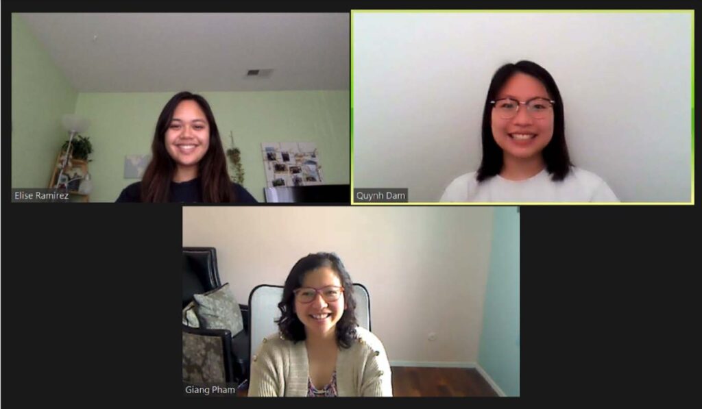 Elise, Qyunh, and Dr. Pham meeting over zoom